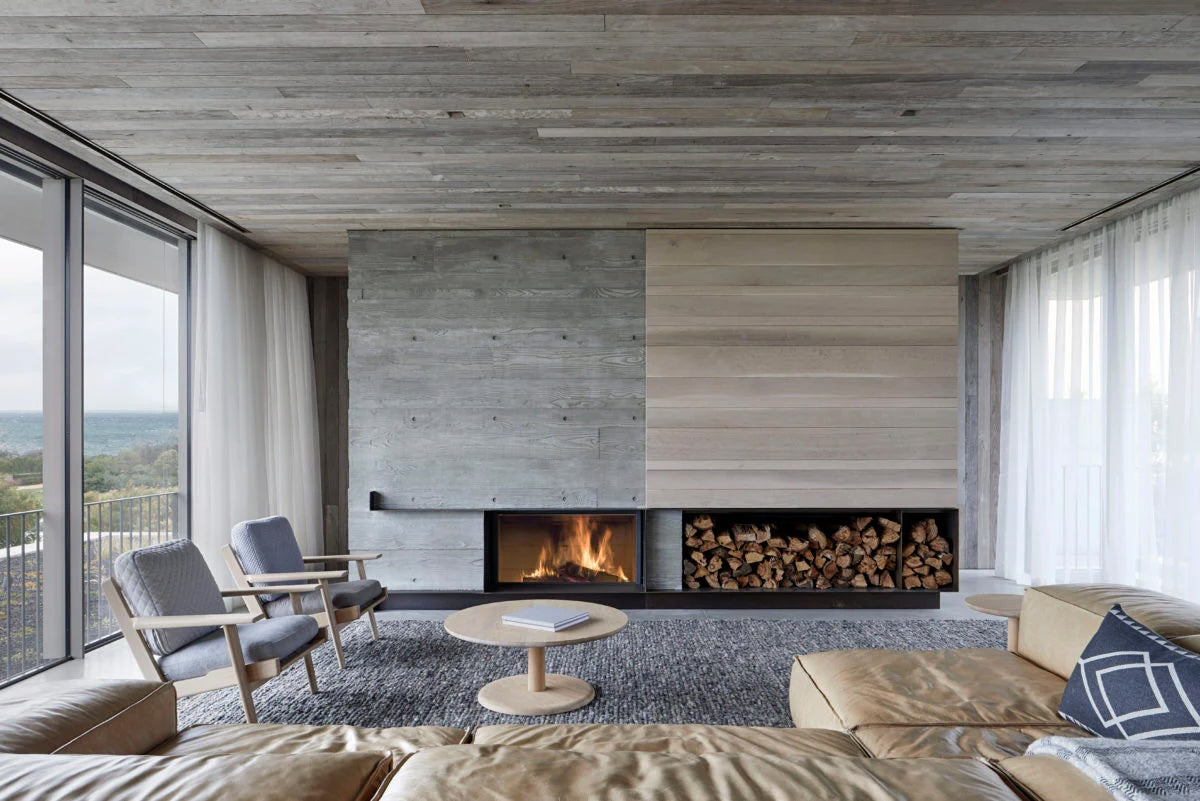 Open plan fireplace - spacious living room with modern decor
